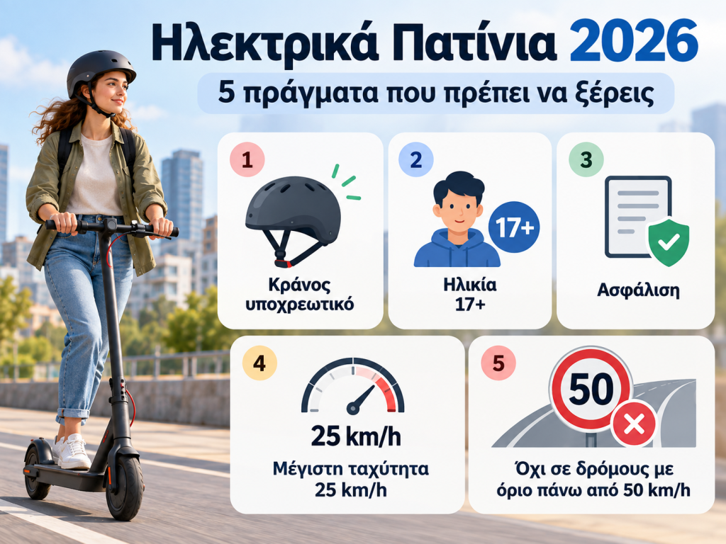 Ηλεκτρικά πατίνια 2026: Τι ισχύει για ηλικία, κράνος, ασφάλιση και πρόστιμα